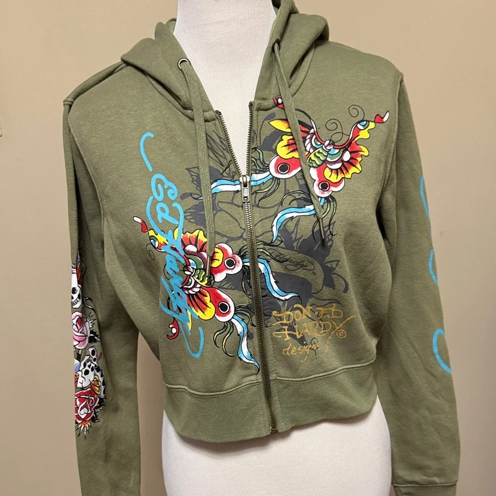 Y2K Ed Hardy Olive Cropped Zip Up Hoodie with Vibrant Graphics Size XL pre-owned - Picture 2 of 7